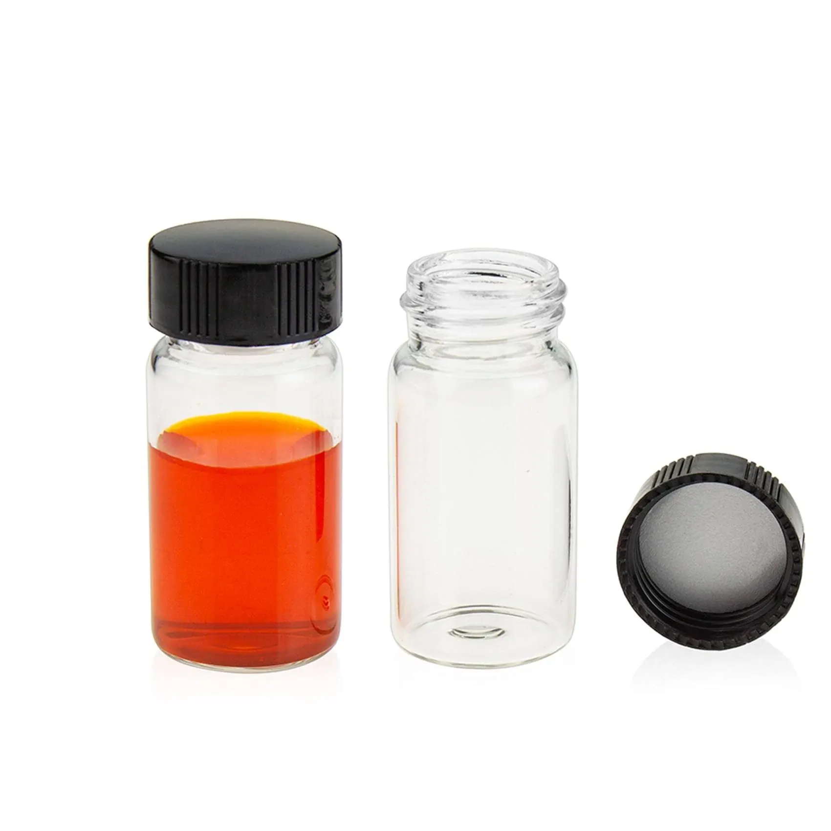 Clear Glass Sample Vial, Liquid Sampling Sample Glass Bottle, 20ml(0.7OZ) Capacity, 27.5mm.I.D. 57mm, 24-400 Thread Black Closed Top Cap,PE Liner, Pack of 100