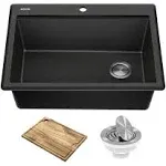 Kraus KGTW12-28MBL Bellucci 28 inch Granite Composite Workstation Drop-In Top Mount Single Bowl Kitchen Sink with Accessories, Metallic Black