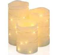 Flickering Flameless Candles Ivory Real Wax Pillar with Embedded String Lights LED Candles Battery Operated with 10 Key Remote and Cycling 5H Timer Set of 3 (3" x 4"/5"/6") (Gold)