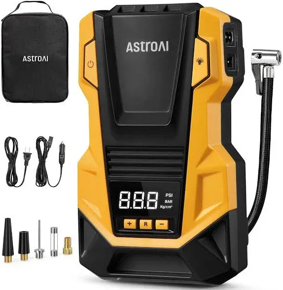 AstroAI Tire Inflator Portable Air Compressor for Car Tire Pump 150PSI 12V DC/110V AC with Dual Metal Motors &LED Light，Automotive Car Accessories&Two mode for car, bicycle tires and air mattresses