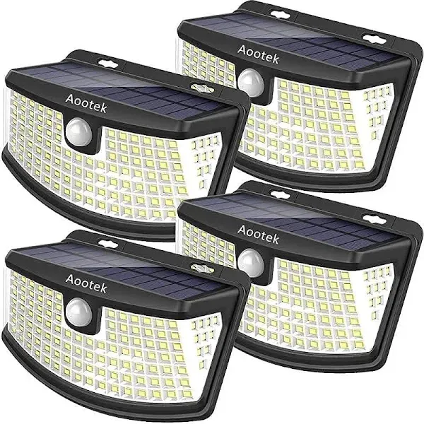 Aootek Nuevas luces solares de 120 LED con reflector de luces, gran angular de 270°, impermeable IP65, luces de seguridad fáciles de instalar para puerta delantera, patio, garaje, terraza (paquete de 4)