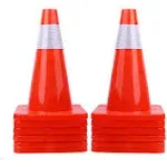 [ 12 Pack ] 18" Traffic Cones PVC Safety Road Parking Cones Weighted Hazard Cones Construction Cones for Traffic Fluorescent Orange w/4" Reflective Strips Collar