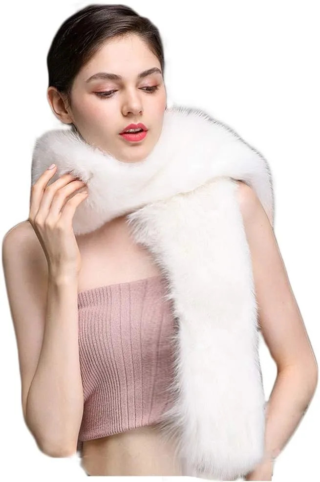 Bettli Women's Men's Extra Large Faux Fox Raccoon Fur Scarf Collar Stole Shawl White