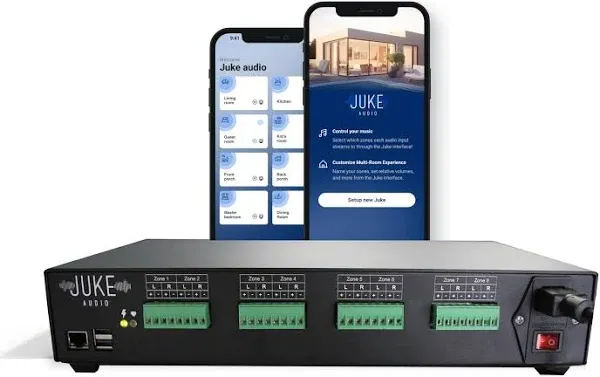 Juke-6 | 6 Zone Audio Amplifier | Wirelessly Controlled Multi-Room Audio System | Compatible with Airplay 2, Spotify Connect, Bluetooth, DLNA