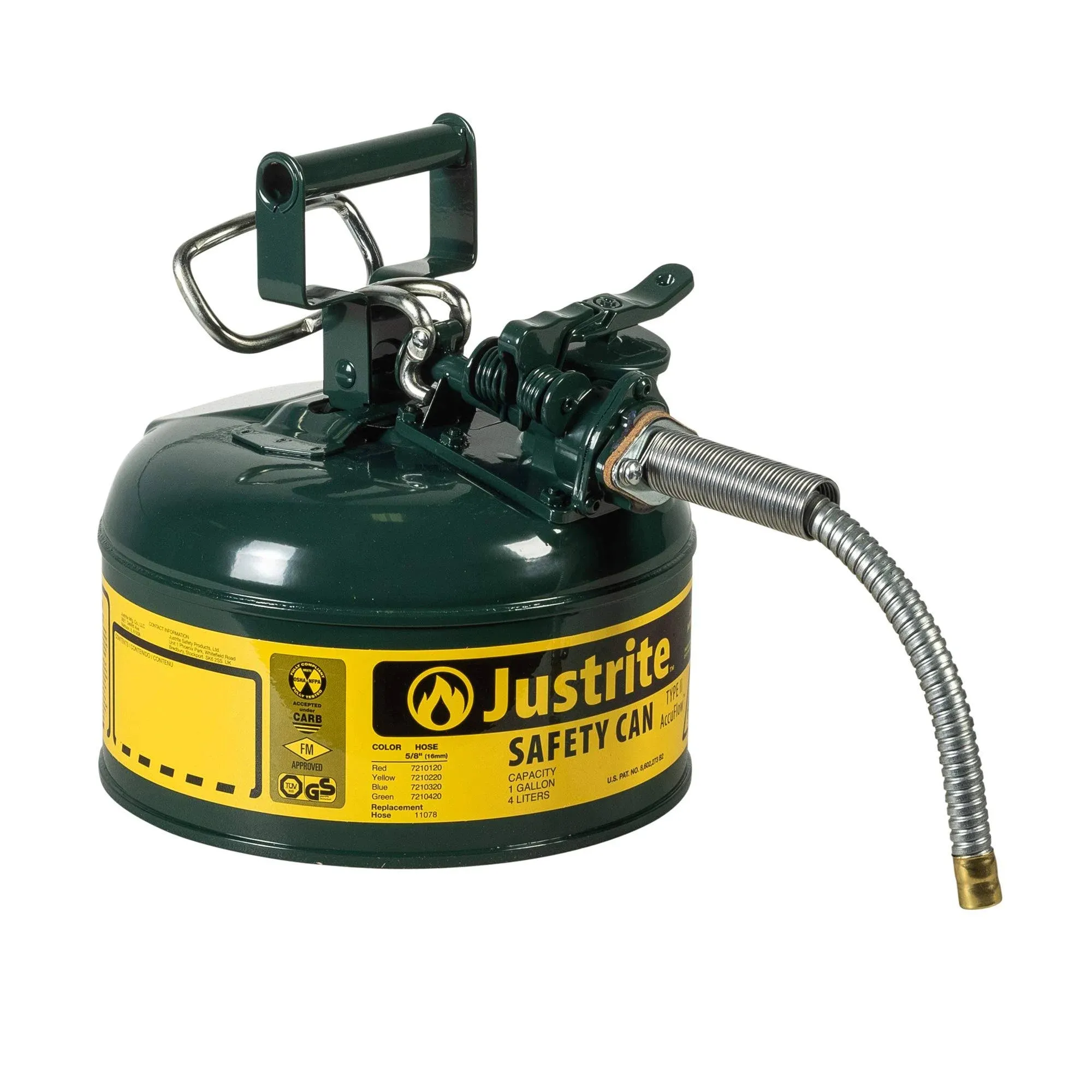 Justrite 7210420 Type II Accuflow Steel Safety Can For Flammables, 1 Gallon, Stainless Steel Flame Arrester, 5/8" Metal Hose, Green