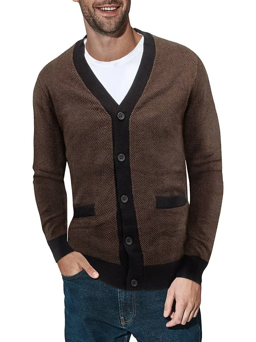 X-Ray Men's Herringbone Cardigan Sweater - Sienna-Black - 3XL