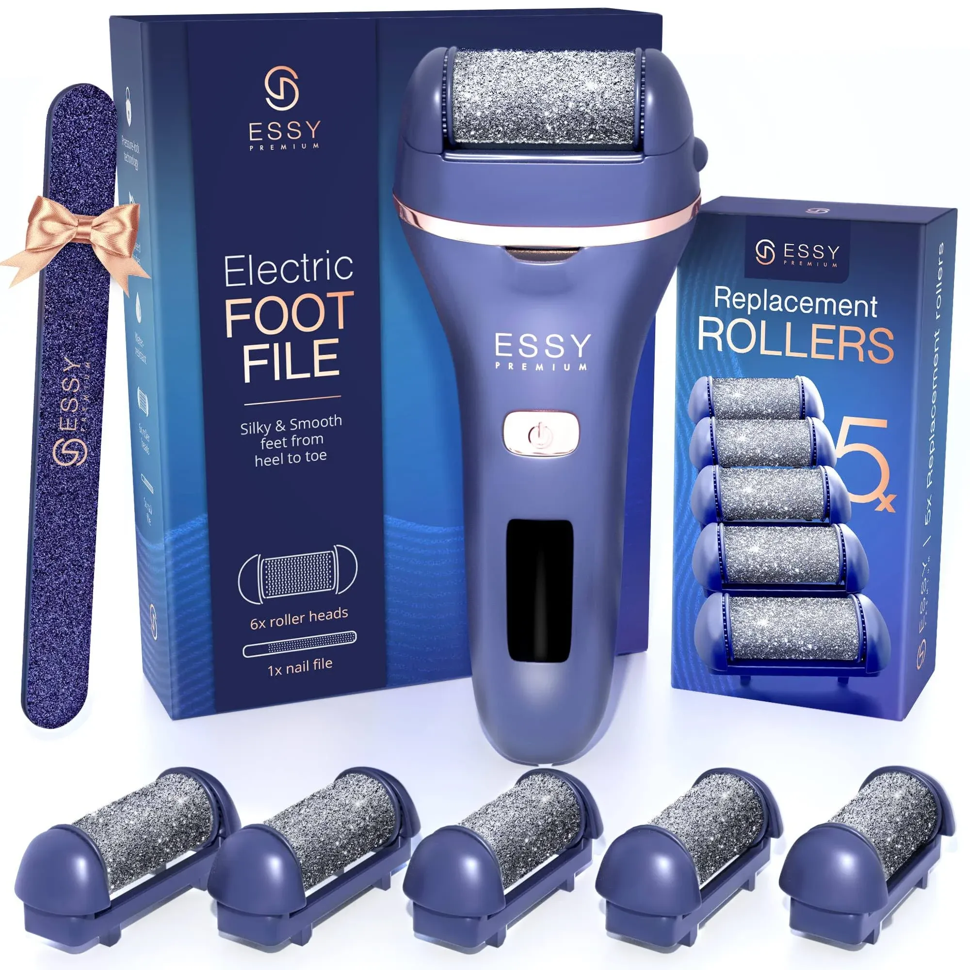 Essy Electric Foot File Pedicure Feet Hard Skin Remover Foot Scraper Dry Dead Skin Remover Callus Exfoliator Rechargeable Feet Scrubber with 5