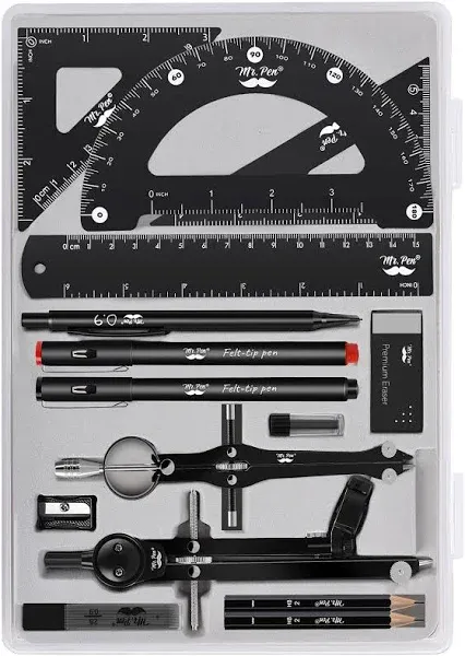 Mr. Pen- Professional Geometry Set, 15pcs, Black Geometry Kit for Artists and Students, Geometry Set, Metal Rulers and Compasses, Drawing Tools, Draft