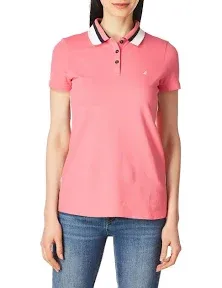 Nautica Womens Classic Fit Striped V-Neck Collar Stretch Cotton Polo Shirt Large