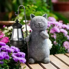 Solar Garden Statue Cat Figurine- Garden Art with Solar Lantern, Loving Cat for 