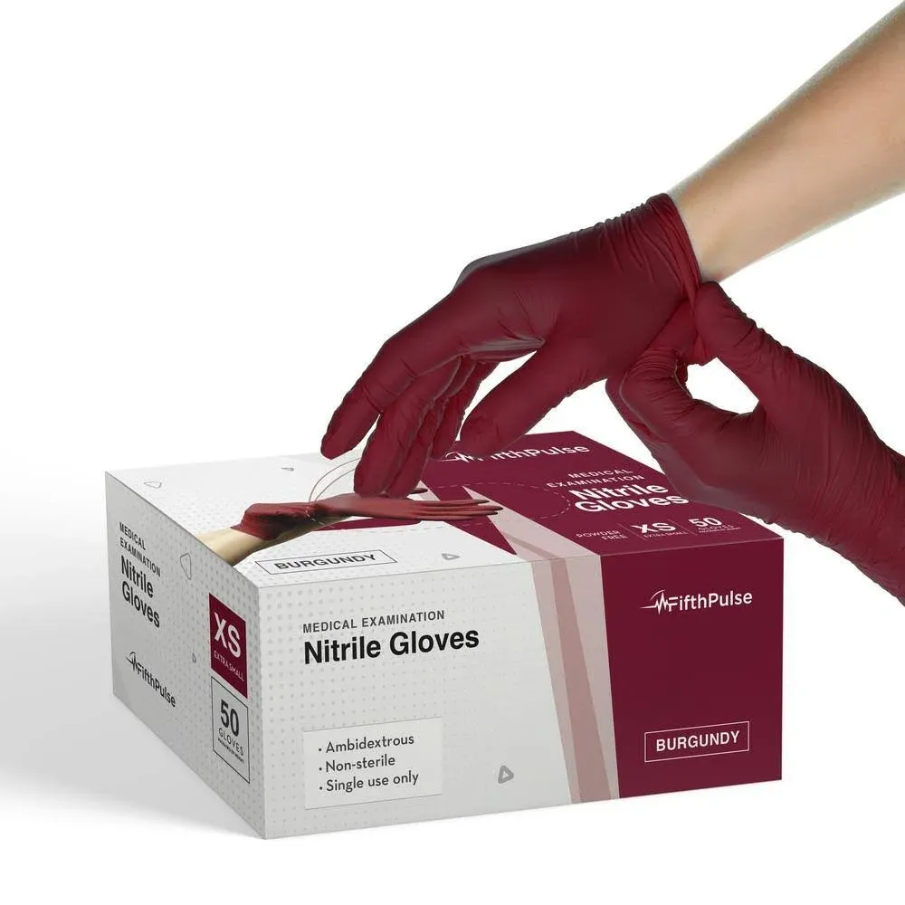 Fifth Pulse Nitrile Exam Latex Free & Powder Free Gloves - Burgundy - Box of 50 Gloves (Small)