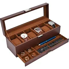 ProCase Watch Box Organizer for Men, 6 Slot Watch Display Case with Drawer, Valentines Gift Mens Watch Holder Watch Case for Men, 6 Watch Box 2-Layer