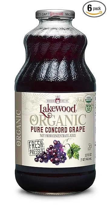 Lakewood Organic PURE Concord Grape Juice, 32 Fl Oz, Pack of 6