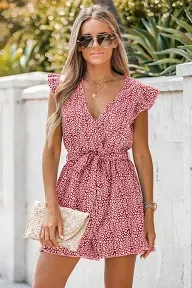 CUPSHE Women's V Neck Floral Print Belted Elastic Waist Romper Ruffled Cap Sleeves Mini Jumpsuit