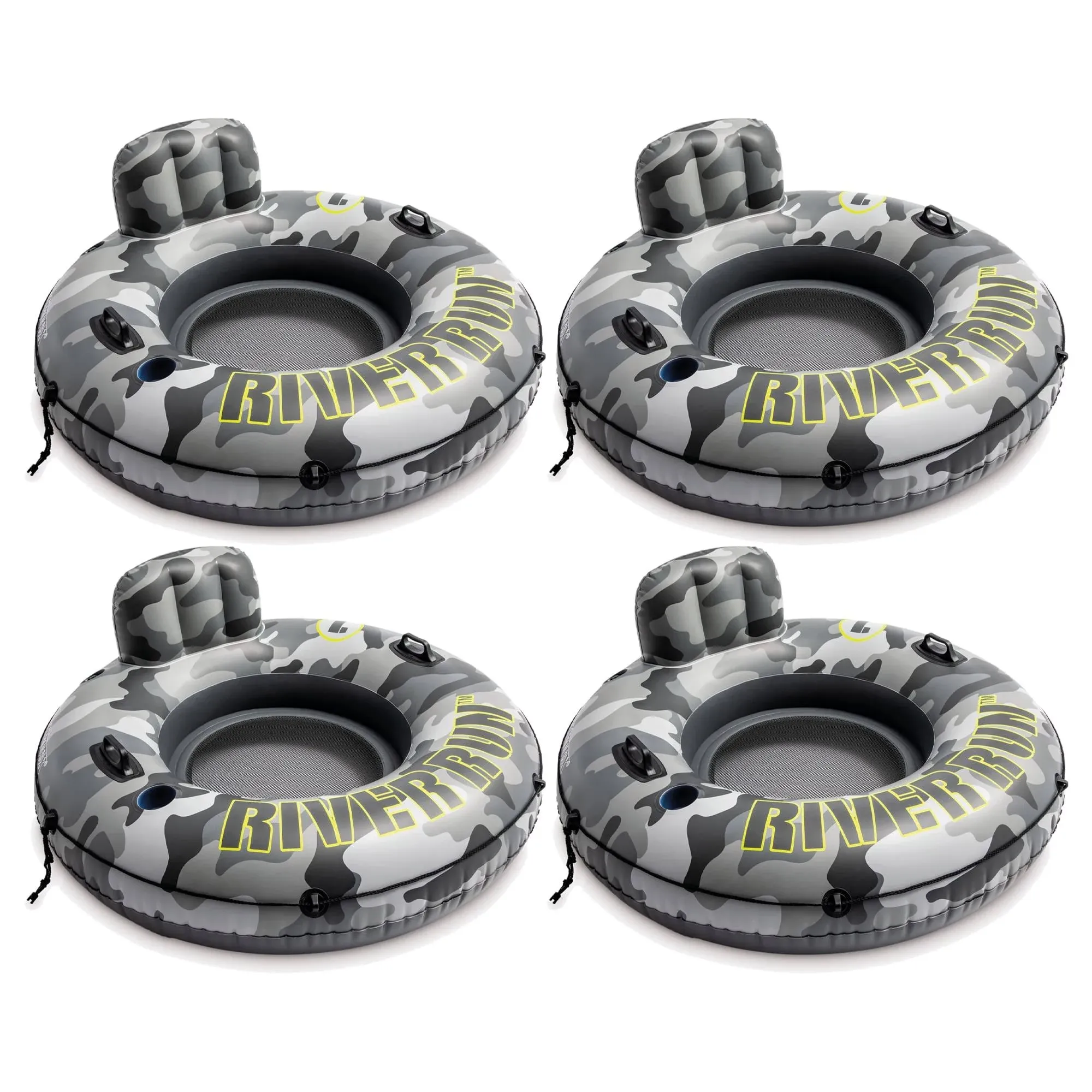 Intex 56835EP River Run I Camo Inflatable Floating Towable Water Tube Raft with Cup Holders and Handles for River, Lake, or Pools, Gray Camo (4 Pack)