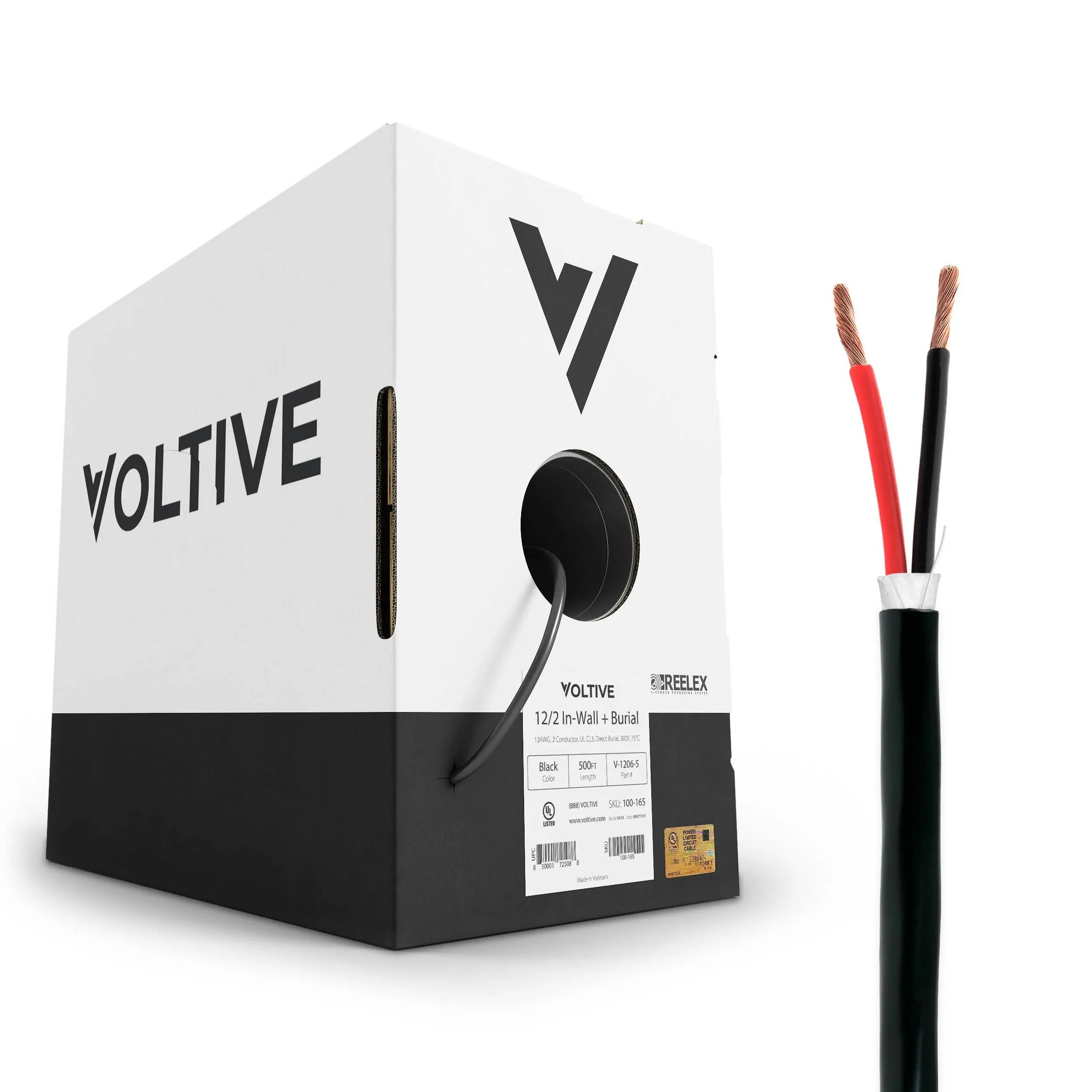 Voltive 12/2 Speaker Wire - 12 AWG/Gauge 2 Conductor - UL Listed in Wall (CL2/CL3) and Outdoor/In Ground (Direct Burial) Rated - Oxygen-Free Copper (OFC) - 500 Foot Bulk Cable Pull Box - Black