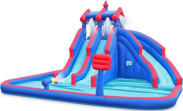 Sunny & Fun Mega Sport Inflatable Water Slide Park W/Climbing Wall, Triple Slide & Pool