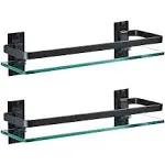 AIJALY 2 Pack Bathroom Glass Shelf,Aluminum Tempered Glass 0.34in Extra Thick Rectangular 1 Tier Storage Organizer Wall Mount,Black 15.7in