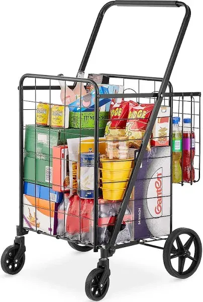 Folding Shopping Cart Rolling Grocery Cart with Double Baskets 110 LBS