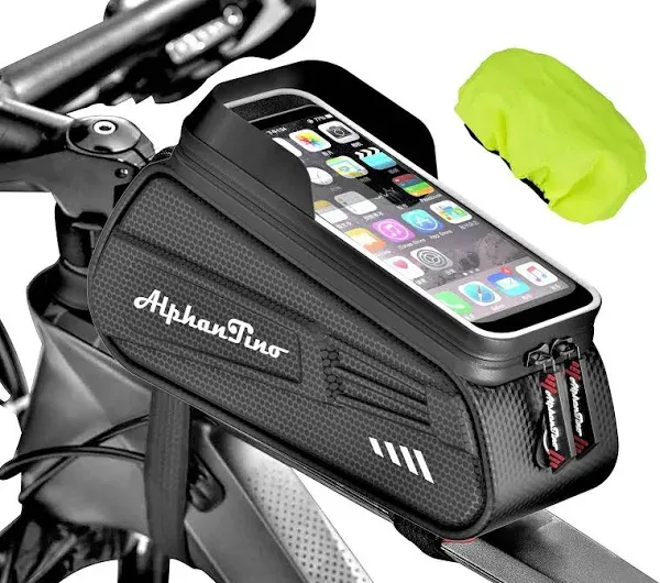 Bike Phone Holder Bag - Waterproof Bicycle Frame Bag Hard Case Large Capacity Top Tube Front Frame Cycling Mount Accessories Pouch, TPU Touch-Screen & Sun-Visor (Red Zipper)