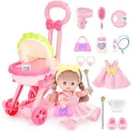 deAO Baby Doll Stroller with 12 inch Doll,12" Baby Doll Role Play Set with Foldable Doll Stroller,16 PCS Baby Doll Accessories,Doll Nursery Play Set