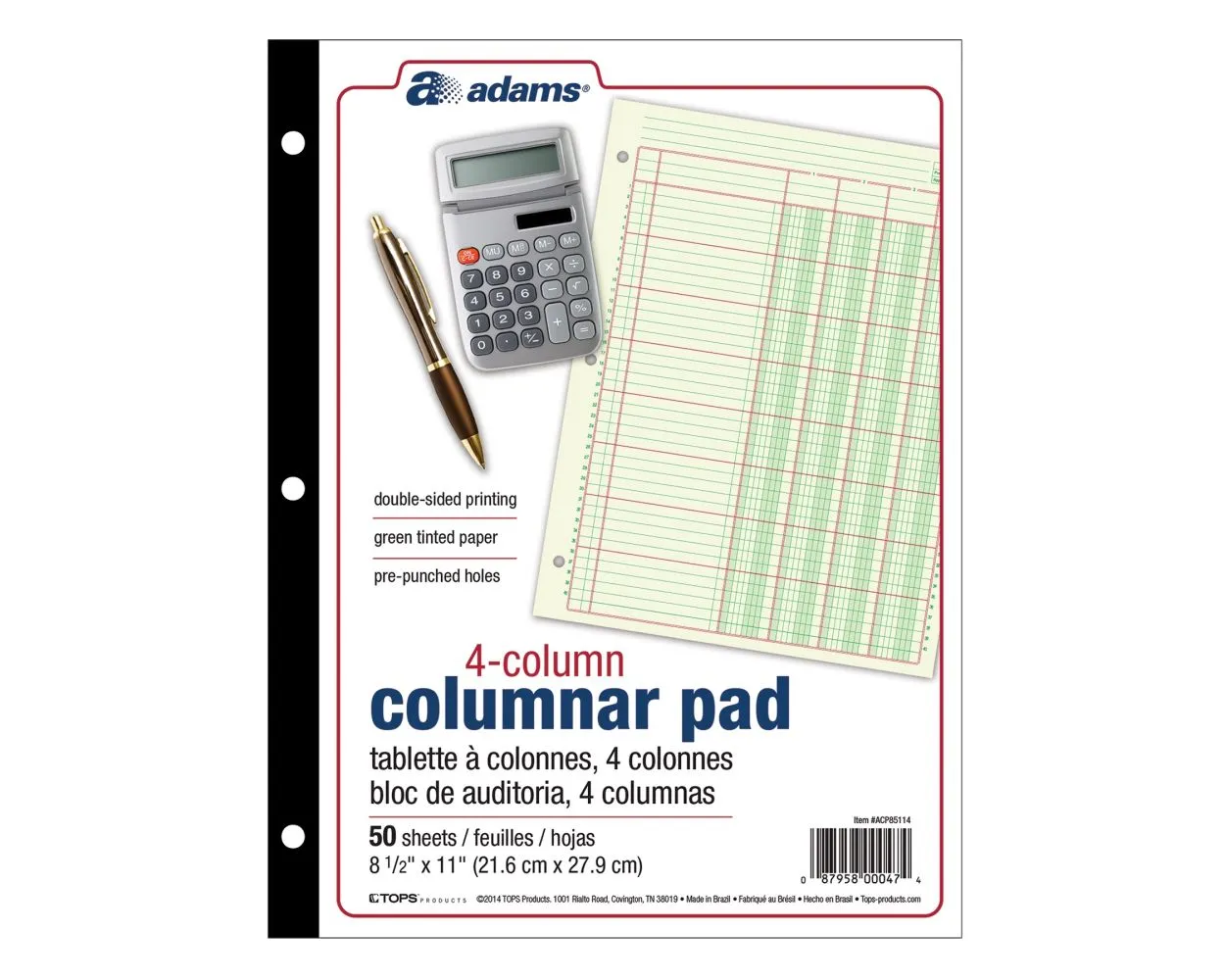 Adams Analysis Pad, 8 1/2in x 11in, 100 Pages (50 Sheets), 4 Columns, Green