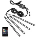 Car LED Strip Lights, 4Pcs 48 LED Interior Lights, Multicolor Music Car Strip Light Under Dash Lighting Kit with Sound Active Function and Remote Controller, DC 12V