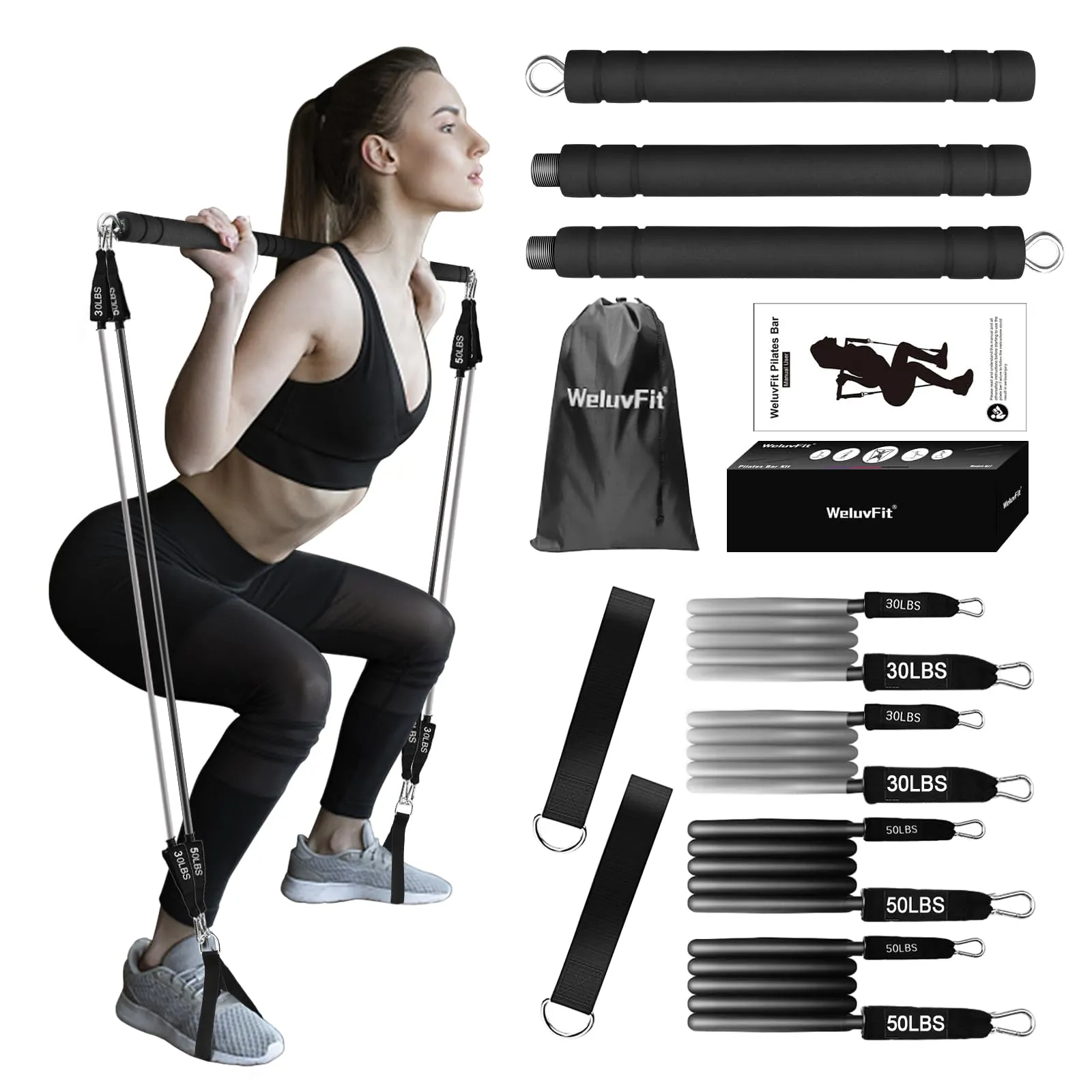 Pilates Bar - WeluvFit Kit with Resistance Bands, Black ~ New, But Open