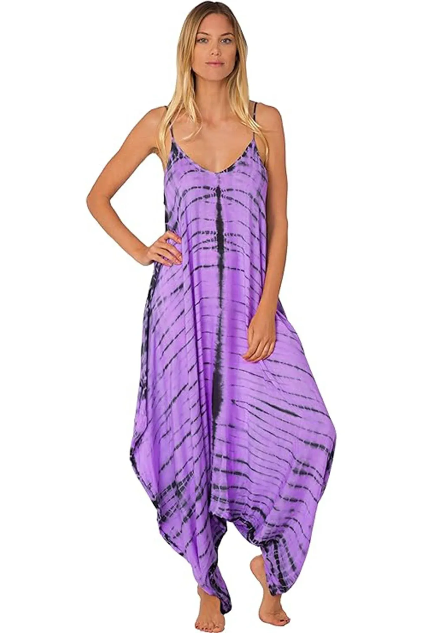 Ingear Harem Jumpsuit Romper Bohemian Boho Loose Relax Fit Tie Dye Handkerchief Jumpsuits, Women's, Size: Large/XL, Purple