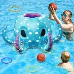 Kids Octopus Pool Toys, 2-In-1 Inflatable Basketball Hoop &amp; Ring Toss Games