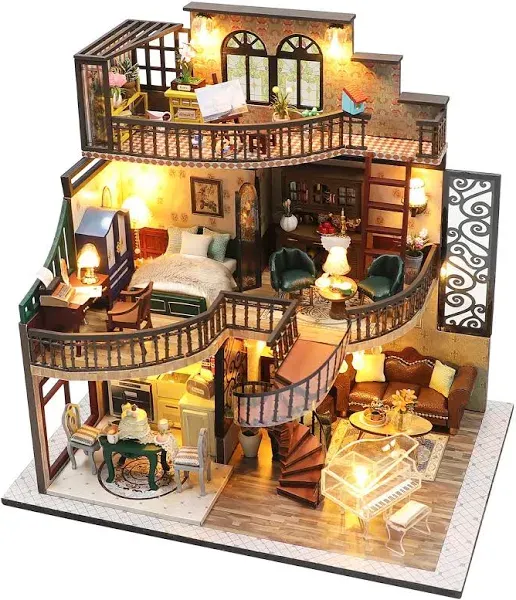 Lannso DIY Dollhouse Miniature Kit, Doll House Kit with Dust Proof Cover and Music Box