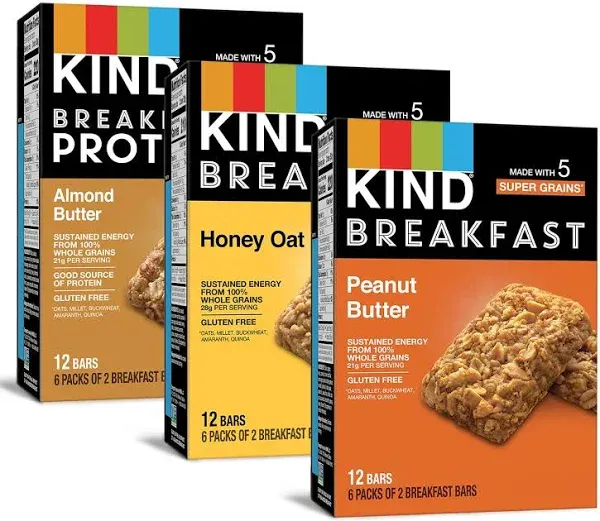 Kind Breakfast Bars, Variety Pack, Honey Oat, Almond Butter, Peanut Butter, Healthy Snacks, Gluten Free, 18 Count