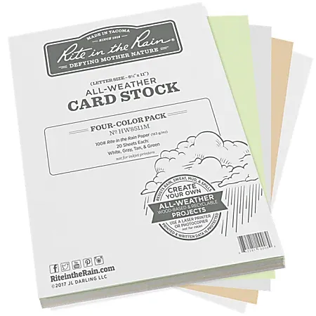 Rite In The Rain All-Weather Card Stock, Assorted Colors, Letter (8.5" x 11"), 100 Lb, Pack Of 80