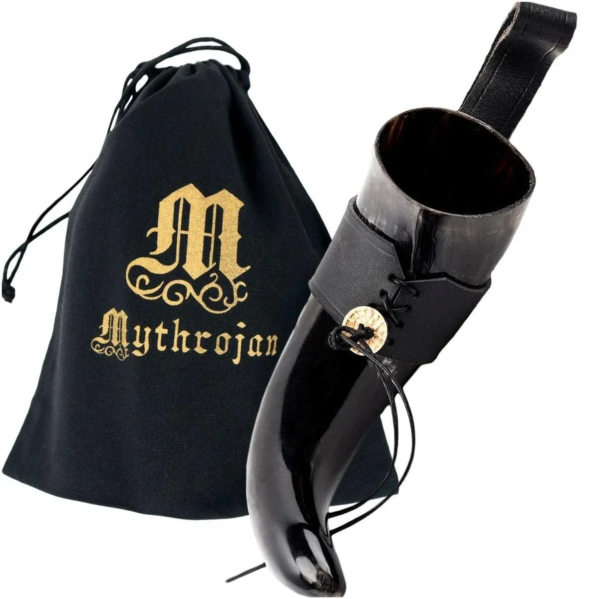 Mythrojan Viking Drinking Horn Black Medieval Beer Drinking Horn Authentic Drinking Horn with Strap Norse Beer Horn Large Drinking Horn Mug Viking