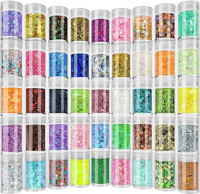 Linwulte Holographic Chunky and Fine Glitter Mix, 45 Colors Craft Glitter for Epoxy Resin Arts, Iridescent Nail Glitter, Cosmetic Eye Hair Face Body