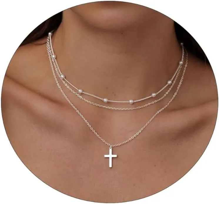 Tasiso Cross Necklace for Women 14K Gold Plated Dainty Cross Layered Pearl Ch...