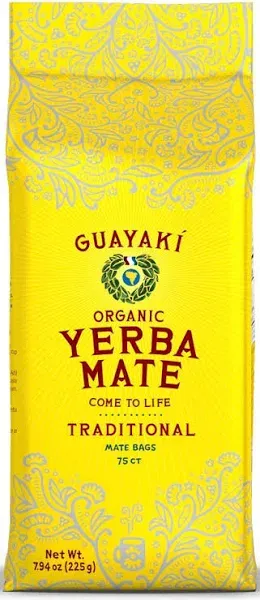 Guayakí Yerba Mate, Organic Traditional Unsweetened Single Serve Tea Bags, Perfect for Cold Weather Fall Drinks, 75 Tea Bags (Pack of 2), 150 Total Tea Bags, 40mg Natural Caffeine, Smooth Energy