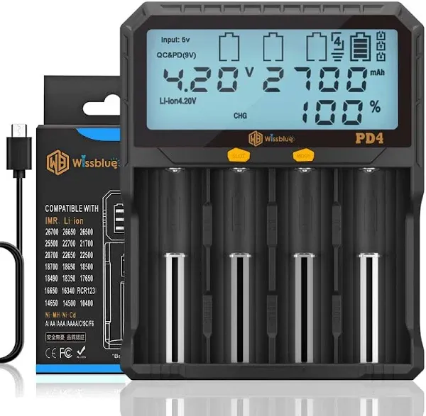 WISSBLUE 18650 Battery Charger, LCD Screen Can Display Capacity, Adjustable 2A L