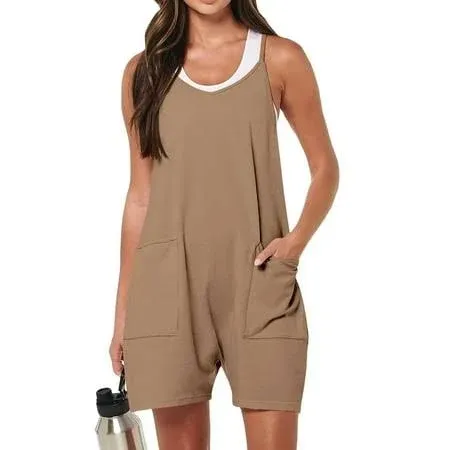 Fantaslook Jumpsuits for Women Casual Summer Rompers Sleeveless Loose Spaghetti Strap Shorts Overalls Jumpers with Pockets, Women's, Size: 2XL, Brown