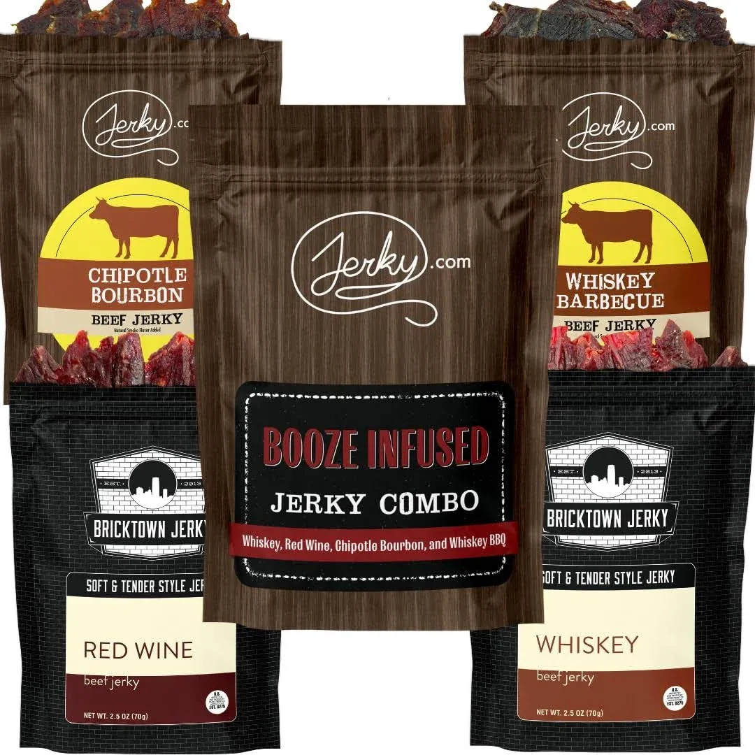 Jerky.com Booze-Infused Jerky Combo - 4 Flavor Jerky Variety Pack: Whiskey ...