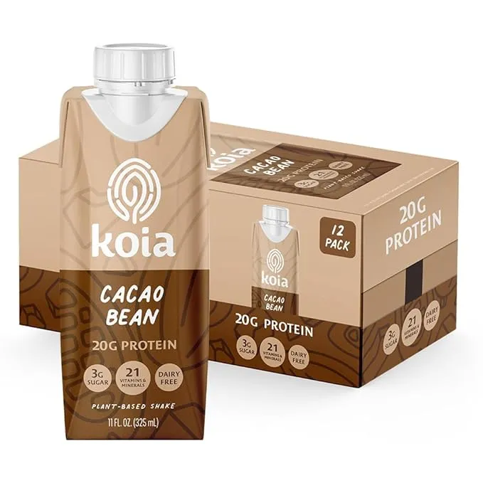 Koia - Plant Based Protein Shake - Cacao Bean - 20g Protein, 3g Sugar, 6g Prebiotic Fiber, 21 Vitamins & Minerals - Dairy Free, Soy Free, Non GMO - Meal Replacement Drinks - 11 fl oz, 12 Bottles