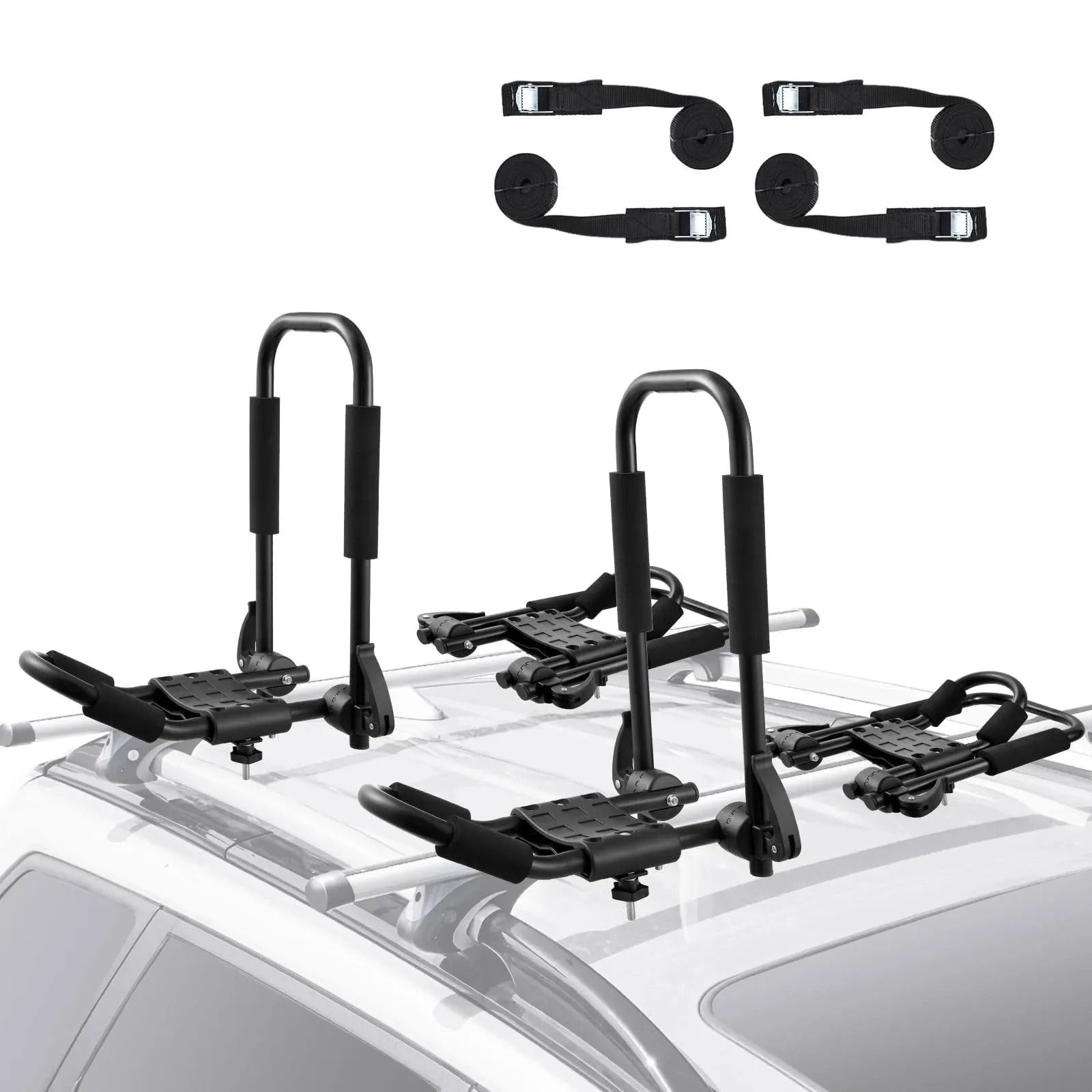 VEVOR Kayak Roof Rack 2 Pairs J-Bar, Soft Roof Rack Quick Folding, Top Mount Tie Down, Carrier for Kayak, Surf Board, Canoe, SUP, Ski Board, Mount on Car, SUV, Truck, 2 Kayaks