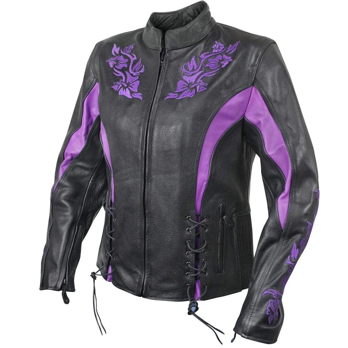 Xelement XS2027 Women's 'Gemma' Black and Purple Leather Embroidered Jacket with X-Armor Protection - 4X-Large / Purple