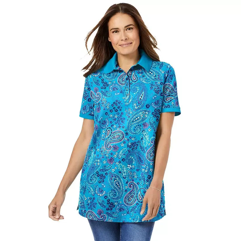 Woman Within Women's Plus Size Perfect Printed Short-sleeve Polo Shirt