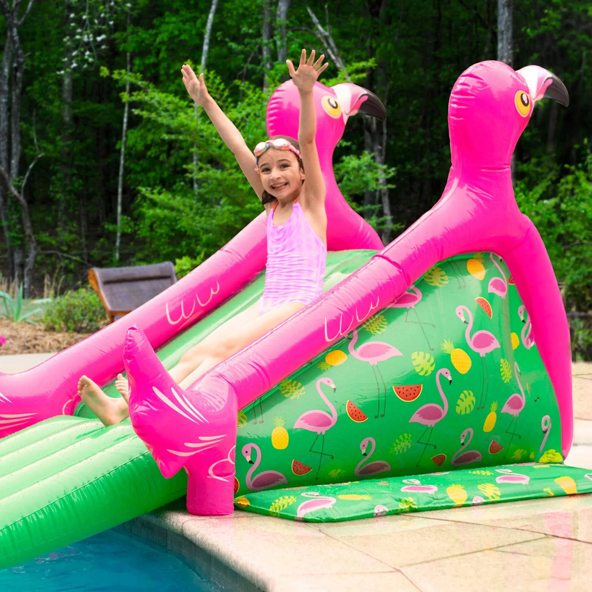 Flamingo Pool Slide W/Built-In Side Water Sprinklers for Kids- Extra Large Size 