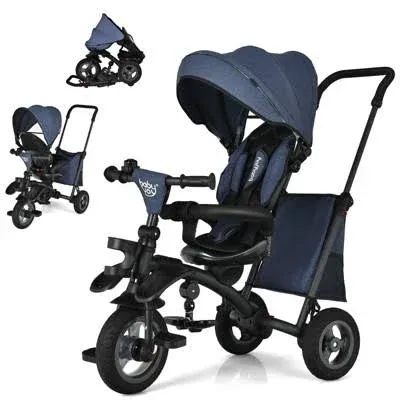 INFANS 7-in-1 Kids Baby Tricycle Folding Steer Stroller w/ Rotatable Seat Blue