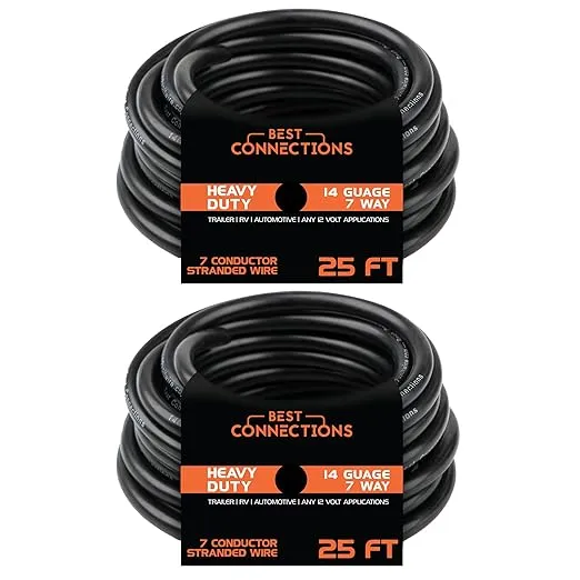 7 Way Trailer Wire (25 Ft x 2 Packs) Heavy Duty 14 Gauge 7 Conductor Insulated Cable Durable, Weatherproof, Color-Coded 7 Way Trailer Wiring Extension for Trailer and Automotive