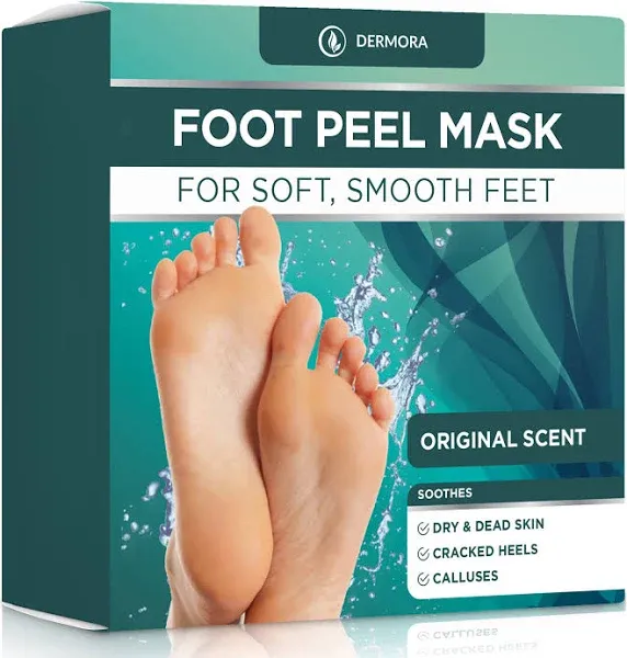 DERMORA Foot Peel Mask - 2 Pack of Regular Size Skin Exfoliating Foot Masks for Dry, Cracked Feet, Callus, Dead Skin Remover - Feet Peeling Mask for baby soft feet, Tea Tree Scent