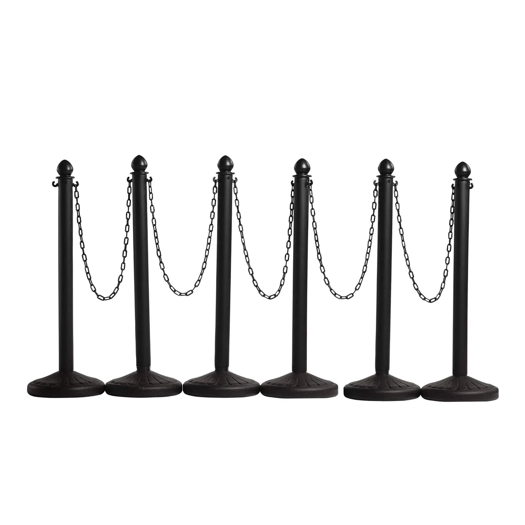 Crowd Control Warehouse Montour Line Plastic Stanchion Black 2.5 inch Diameter with 50 Foot Chain, 6-Pack, Crowd Control Barriers