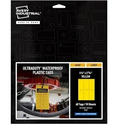 Avery UltraDuty Printable Plastic Hang Tags, 5.5" x 2.83", Yellow Blank Tags, 50lb Pull-Strength, 60ct (62402)